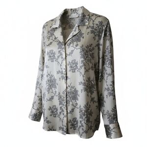 Mulberry 18W Cream, Grey, Yellow 100% Silk Floral Button-Up Shirt